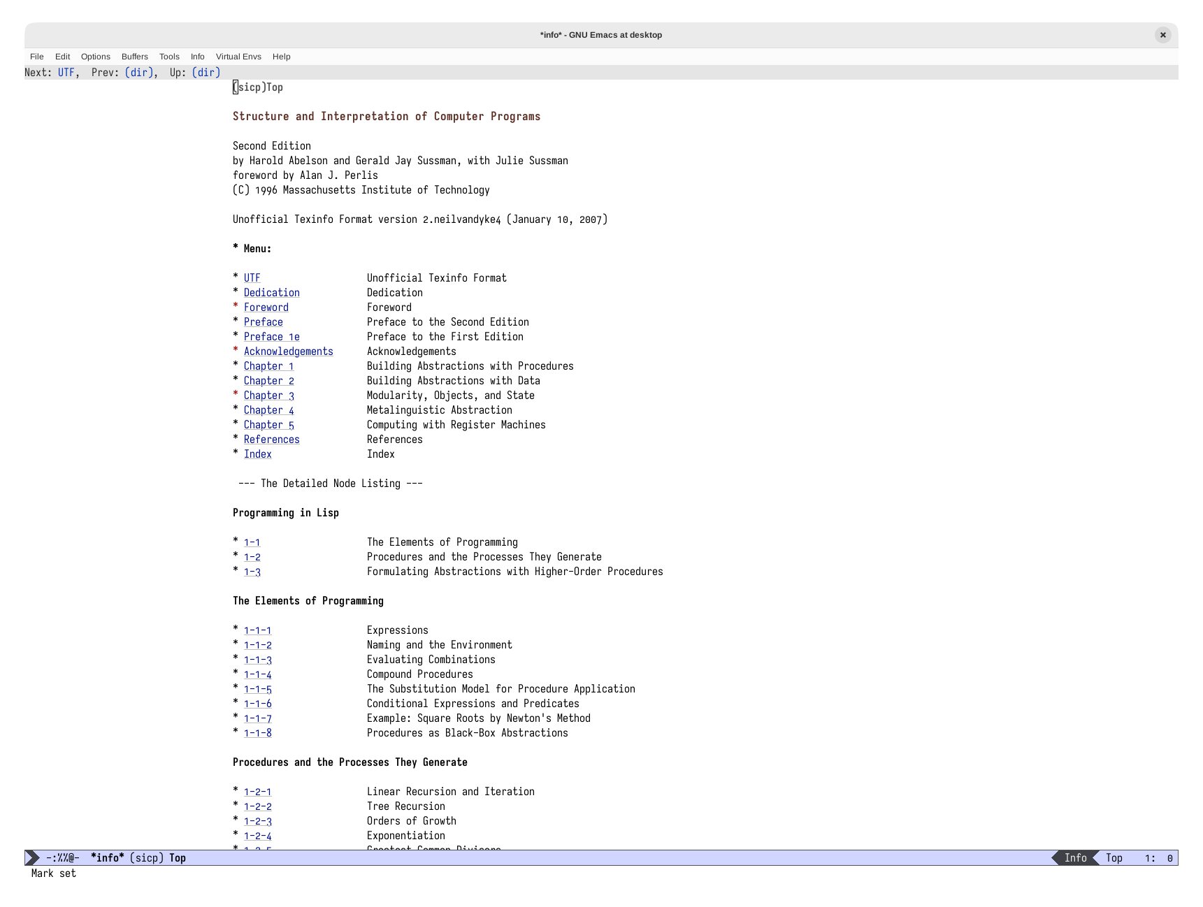 SICP’s table of contents in `info` format, viewed from within Emacs